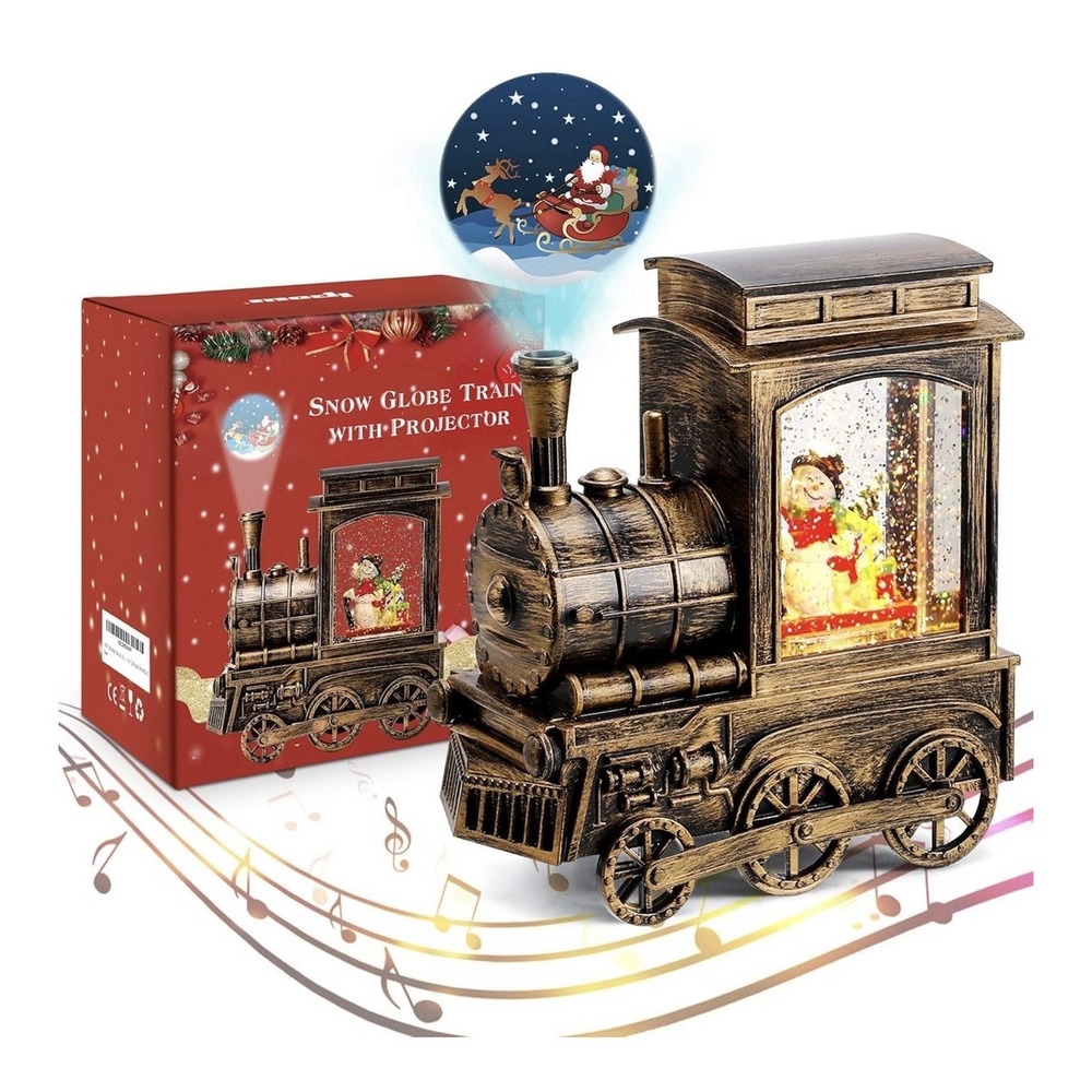 Ipow Christmas Snow Globe Train W/Projector, Water Swirling Glitter, Musical NIB